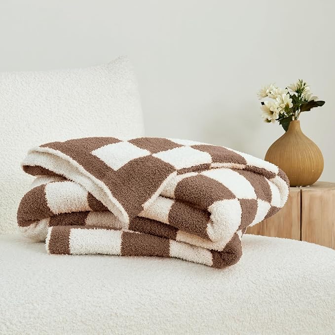 CozeCube Super Soft Fullfy Microfiber Reversible Knitted Blankets, Warm Cozy Fuzzy Plush Throw, Dark Brown and White Checkered Throw Blanket for Couch Bed Sofa, 60" x 80"