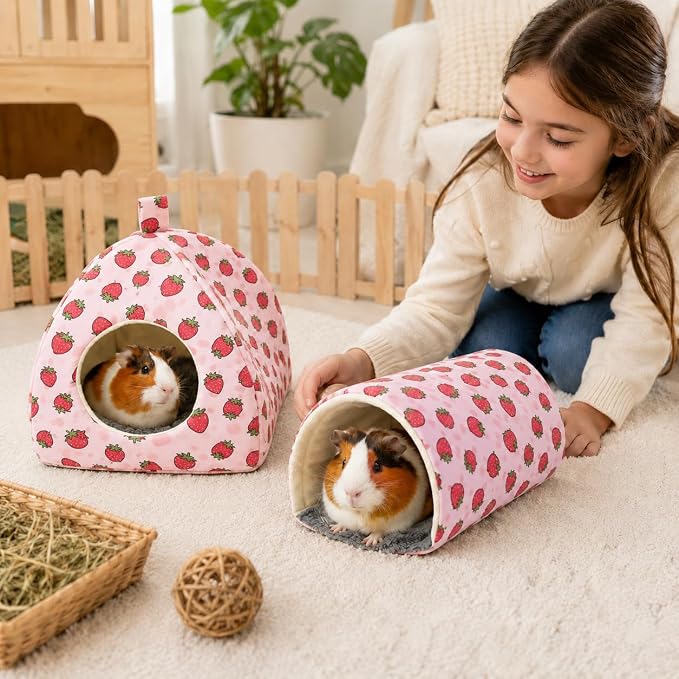 Guinea Pig Hideout Tunnel Set, 2 Pack Washable Small Animal Bed with Removable Cushion, Hamster Hideout Play Tunnel Toys for Guinea Pigs, Hamsters, Hedgehogs, Ferrets, Pink Strawberry