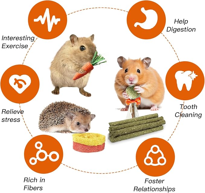 Jorewood 21 Pcs Rabbit Chew Toys for Teeth, Natural Bunny Toys Peach Wood Grass Timothy Sticks Chew and Treat for Guinea Pigs Hamster Chinchillas and Other Small Pets