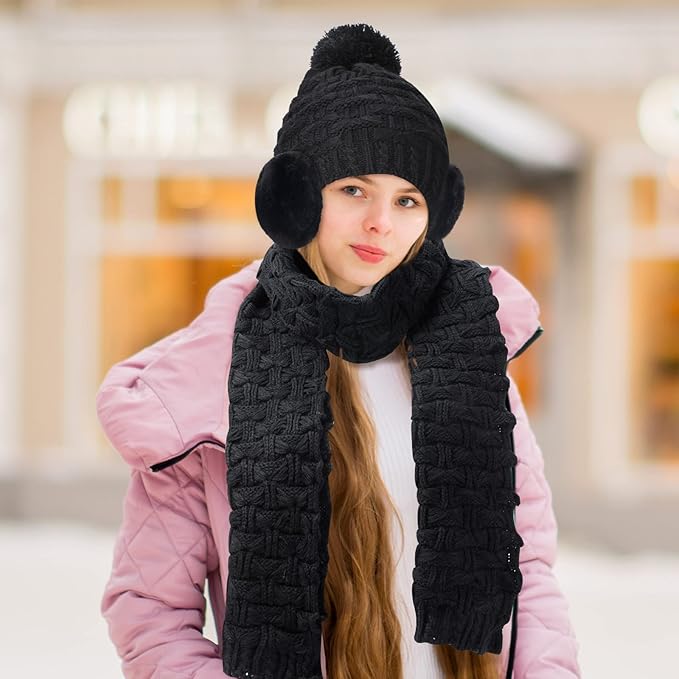 JenPen 4 Pcs Winter Hat Scarf and Gloves Set for Women Include Ear Cover Cold Weather Scarf Hat Knit Beanie Gloves