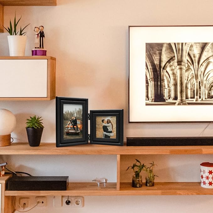 Horizontal 5X7 Picture Frames Double Hinged Wood Folding Photo Frames with Real Glass Front Fit for Desktop or Tabletop Display Pictures 4x6 with Mat or 5x7 Without Mat, Wood Grain XZON-H75X2