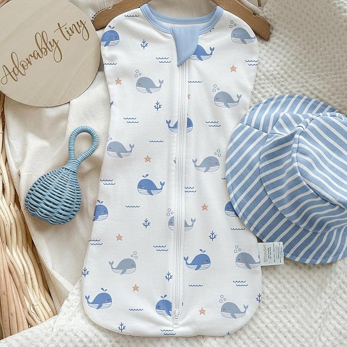 Baby Swaddle 0-2 Months, Cotton Arm-In Zipper Sleep Sack, Wearable Blankets Wrap for Newborn Infant Girls and Boys (Whale, Pack of 1)