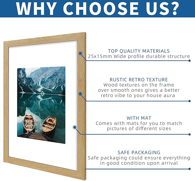 12x18 Frame Set of 2, Natural Oak Wood Style, Display 12 x 18 Poster without Mat or 8.5x11 Picture with Mat, Wall Mounting Horizontal and Vertical