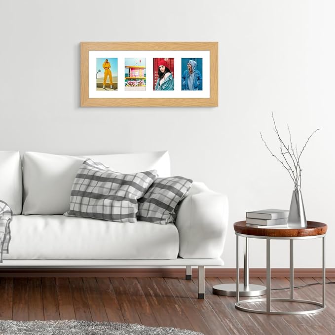 8x20 Picture Frame Display 4 opening 4X6 Picture Frame Collage,Multi Photo Frame with Mat,Plexiglass,Wall or Tabletop Decor,Natural Wood Grain