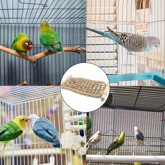 SNBBGTLadder Perch for Cage,Bird Water Grass Net Hammock Toy,Natural Hand-Woven Parrot Net Climbing Chewing Hammock,Suitable for Various Parrots,Natural. 