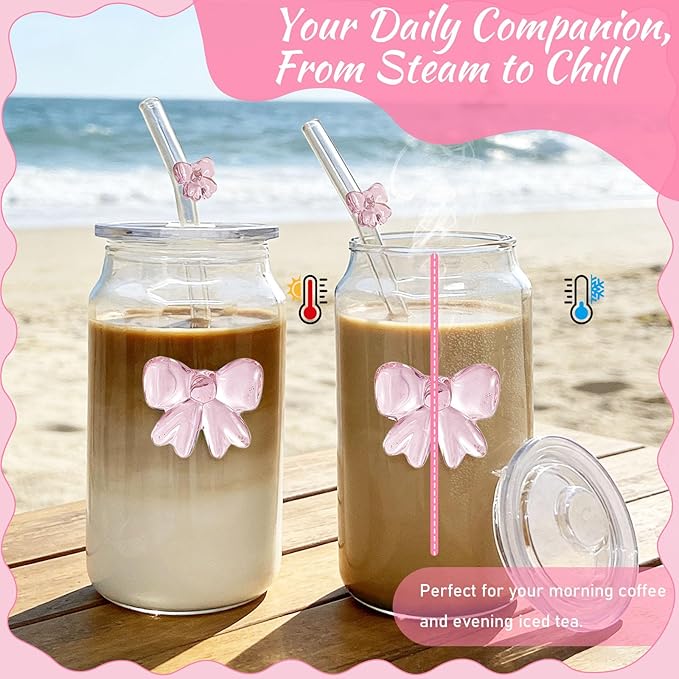 Aesthetic 3D Pink Bow Glass Cup with Plastic Lid & Straw,16OZ Bows Glass Coffee Cups,Bow Tumbler for Iced Matcha, with1Cleaning Brush, Girly Preppy Stuff/Glassware Birthday Valentine's day Gifts