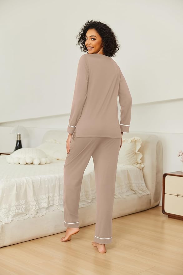 Ekouaer Womens 2 Pack Pajama Set Long Sleeve Pajamas Top and Pants V Neck Pjs Set Soft Loungewear with Pockets