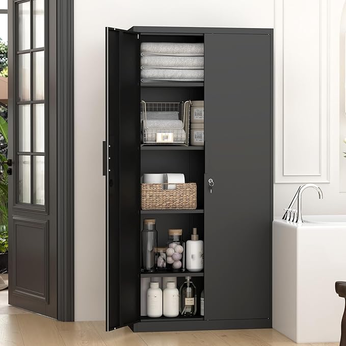 GREATMEET Metal Garage Storage Cabinets, 72" Tall Locking Cabinets with Doors and Shelves, Utility Cabinet with Lock for Garage, Home, Black