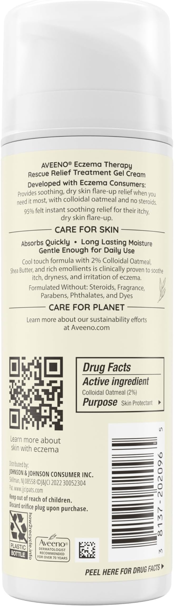 Aveeno Eczema Therapy Rescue Relief Treatment Gel Cream with Colloidal Oatmeal Skin Protectant, Instantly Soothes & Cools Itchy Dry Skin Flare-Ups, Steroid & Fragrance Free, 5.0 fl. oz