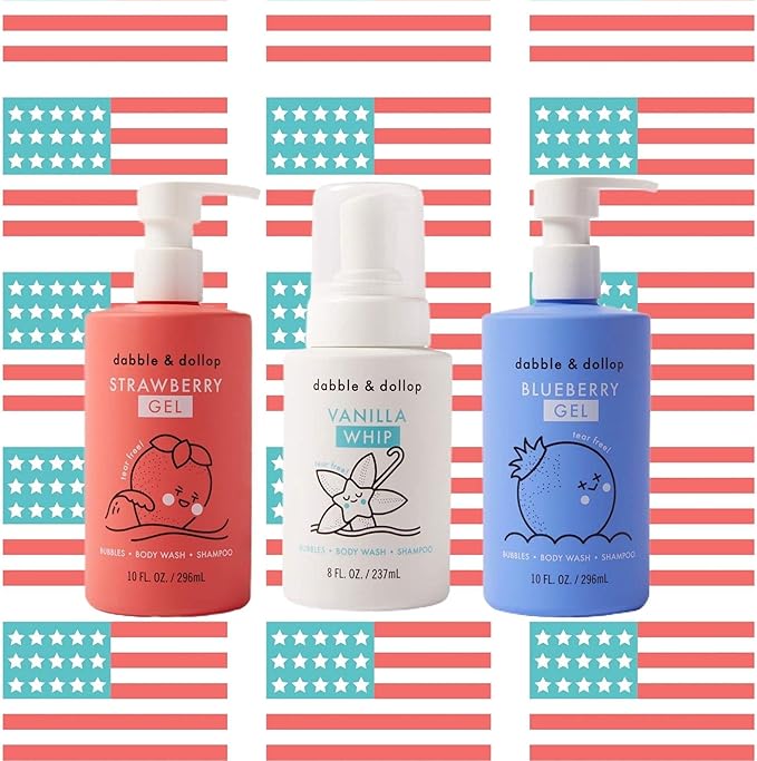 Dabble & Dollop USA Bundle, 3-in-1 Natural Bubble Bath, Body Wash & Shampoo for Kids, Paraben & Sulfate Free, Vegan, Tear-Free, Strawberry, Vanilla & Blueberry (Set of 3)
