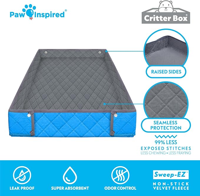 Paw Inspired Reversible Critter Box, C&C 2x4 (12-Inch Grids), Gray/Blue | Washable Fleece Cage Liner, Raised Sides, Bedding for Guinea Pigs Rabbits, Hamsters, Small Animals, Edge Protected Pee Pads