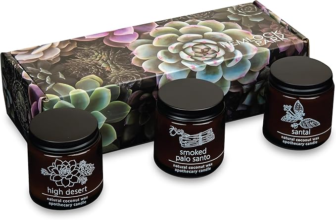 Hemlock Park Apothecary Wood Wick Candle Trio | Gift Set of Three 4 oz Candles Handcrafted with Natural Coconut Wax (High Desert | Palo Santo, Sage, High Desert)
