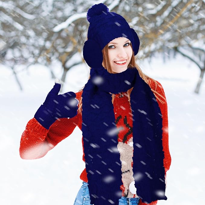 JenPen 4 Pcs Winter Hat Scarf and Gloves Set for Women Include Ear Cover Cold Weather Scarf Hat Knit Beanie Gloves
