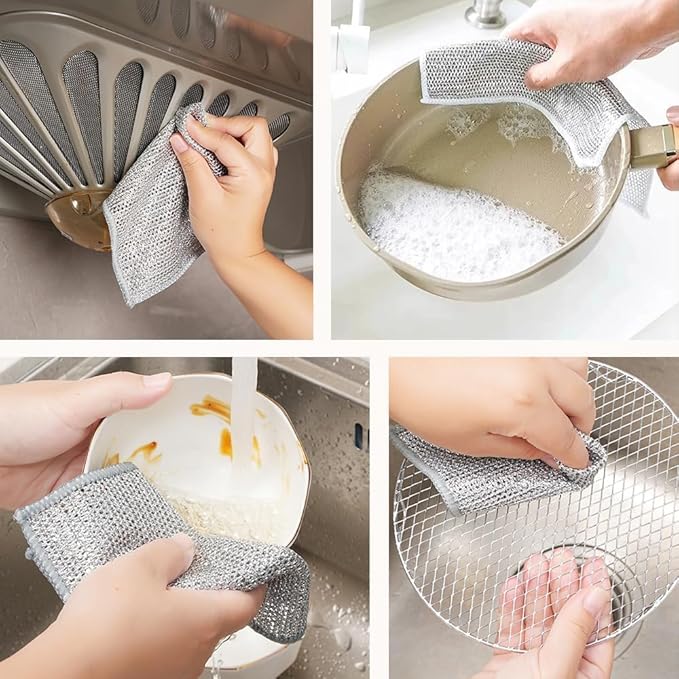 Multipurpose Wire Dishwashing Rags for Wet and Dry, 2024 Reusable Non Scratch Metal Wire Dishcloth, Upgrade Metal Scrubbing Pads Sponge Clean for Home Kitchen Stove Tops (10Pcs)