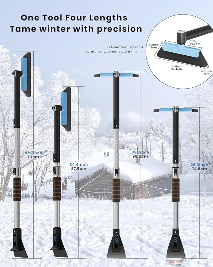 helloleiboo 43.7" Extendable Ice Scrapers for Car Windshield for 12 Adjustable Length Settings with Foam Grip and 360Β° Pivoting Brush Head Detachable Snow Brush for Truck SUV(Blue)
