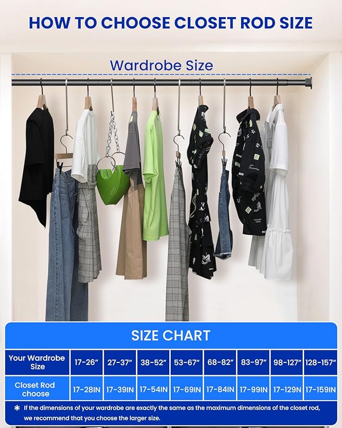 4 PACK Closet Rods for Hanging Clothes, 17 to 69 Inches Stepless Adjustable Metal Closet Rod, 1.3 Inches Heavy Duty Clothes Hanging Rod for Closet Wardrobes Laundry RV, Black