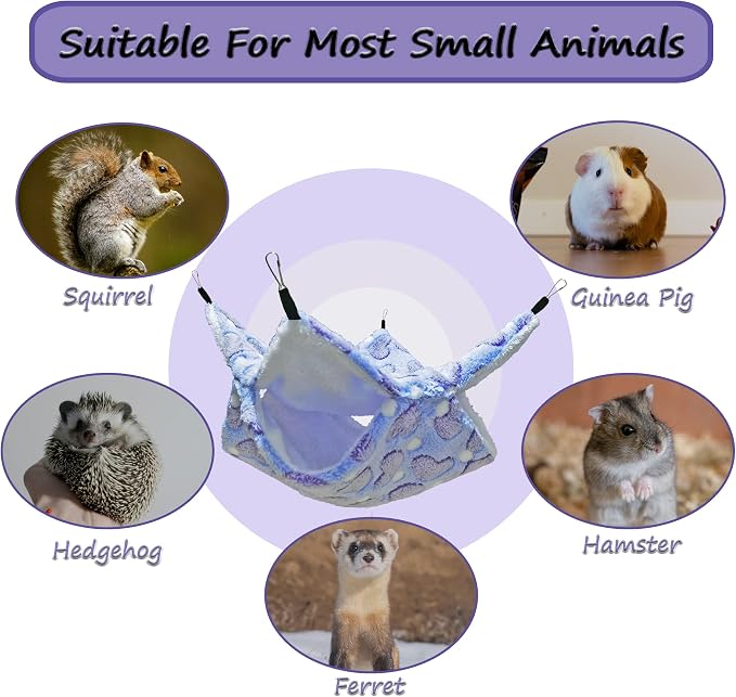 Guinea Pig Ferret Hammock for Cage - Machine Washable Double-Decker Hanging Bed - Fits Sugar Glider,Fancy Rat,Hamster,Gerbil - 13.3" x 13.3" - Love Purple Pattern