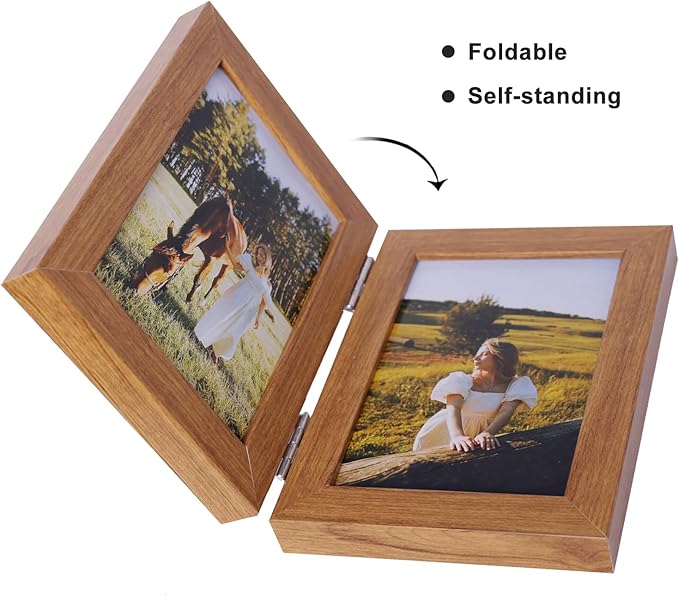 Double Vertical 4X6 Hinged PS Family Picture Frame Collage For Desktop or Tabletop (Wood Grain 46X2)