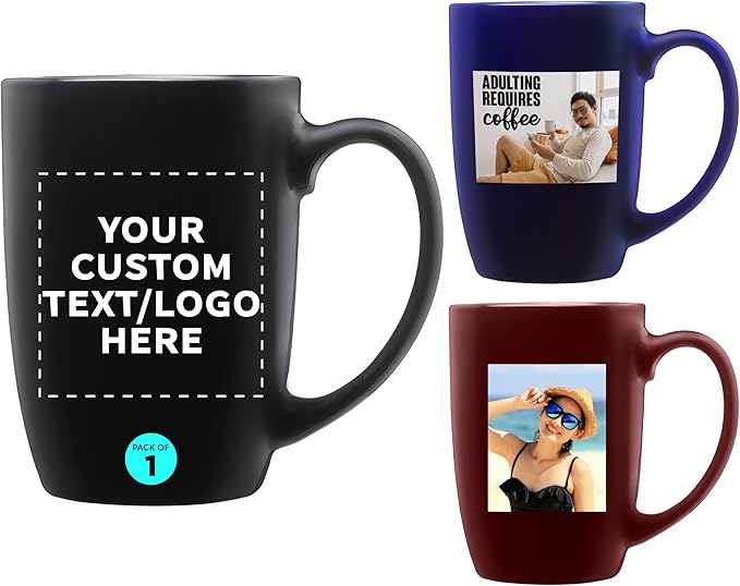 DISCOUNT PROMOS 1 Large Mocha Glossy Ceramic Coffee Mugs Set, 16 oz. - Customizable Text, Logo - Stoneware, Smooth, Durable, C-handle - Black
