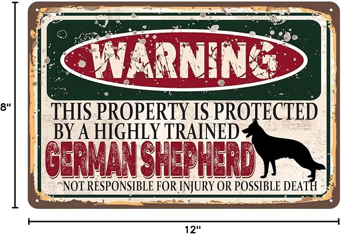 Vintage German shepherd Metal Sign Wall decor | Warning this property is protected by a highly trained German shepherd Sign Funny Tin Signs 12x8 Inch