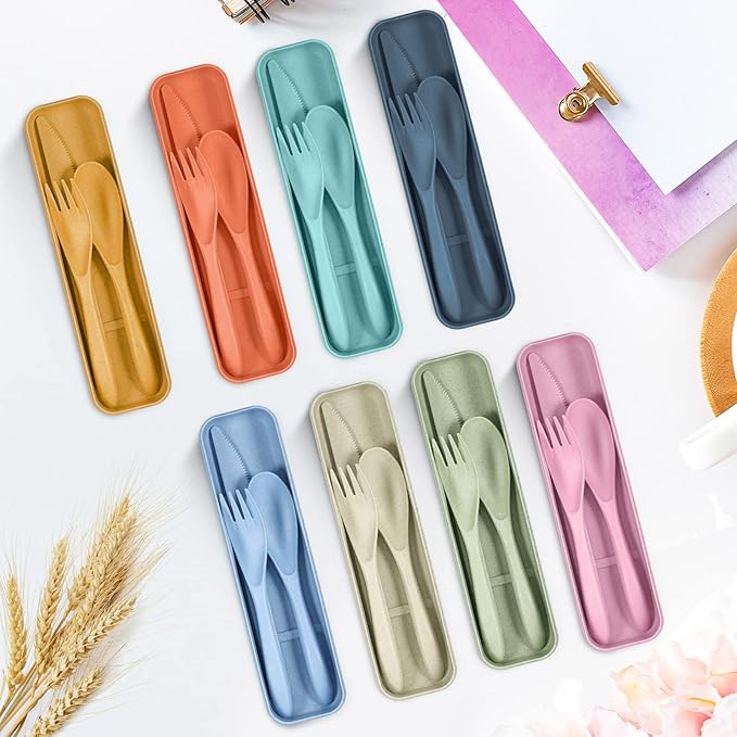 Yahenda 28 Sets Reusable Travel Utensils Set with Case Wheat Straw Cutlery Portable Spoon Knife Fork Tableware Lunch Box Accessories Bulk for Adults Travel Picnic Camping Utensils Gifts (Multicolor)