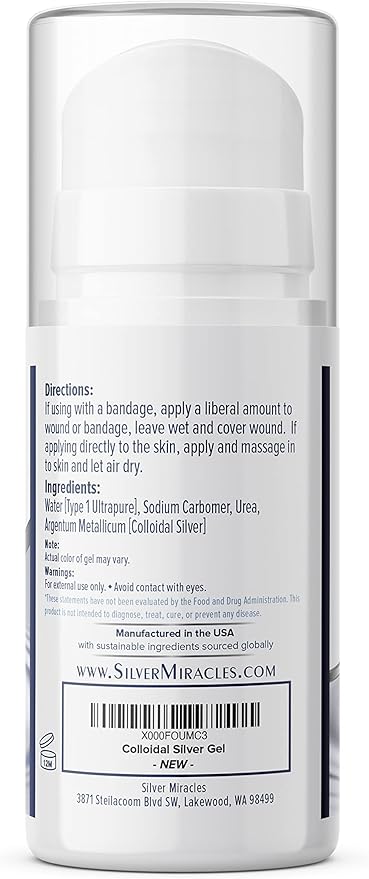 Silver Miracles - Colloidal Silver First Aid Gel - Airless Bottle - Nano Silver Gel Wound Care - Healing Ointment for Burns, Sunburns & Irritated Skin - Unscented -3.38 OZ - 25 PPM