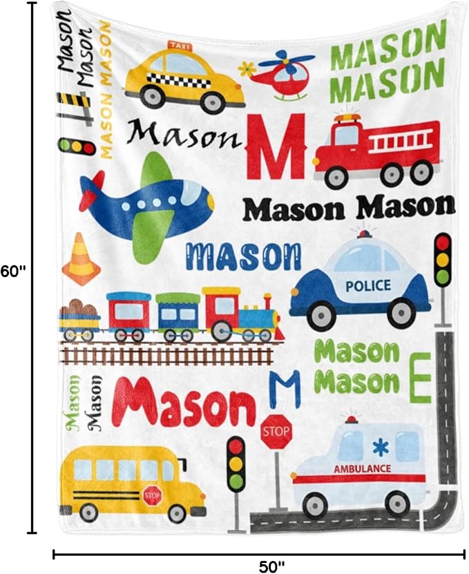 Personalized Blanket with Name for Boys, Custom Name Blanket City Car Transport, Soft Flannel Teen Blankets Customized Gift for Birthday Christmas-50x60in