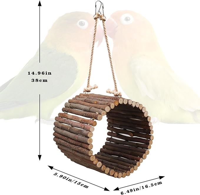 Natural Apple Wood Parrot Hammock & Tree Caves - Bird Cage Accessories for Little Bird, Parakeets, Cockatiels, Lovebirds & Hamsters (6.49" Diameter)