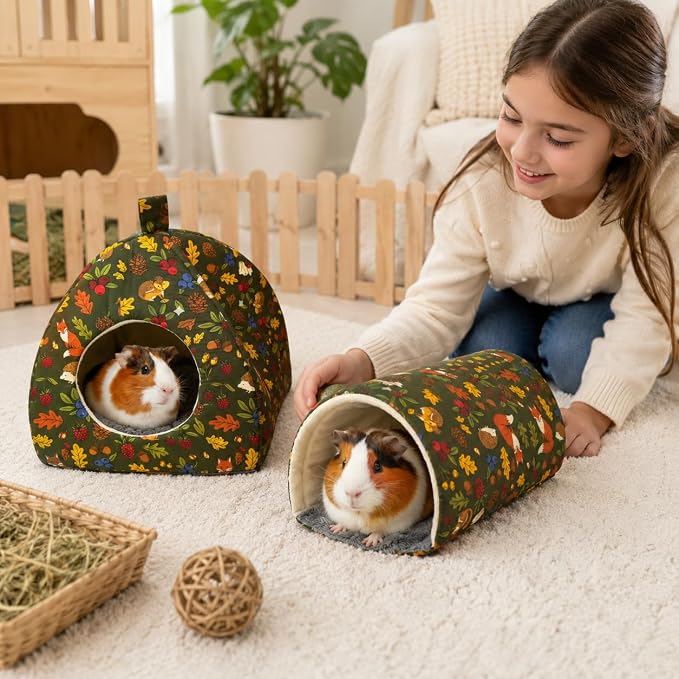 Guinea Pig Hideout Tunnel Set, 2 Pack Washable Small Animal Bed with Removable Cushion, Hamster Hideout Play Tunnel Toys for Guinea Pigs, Hamsters, Hedgehogs, Ferrets, Green Forest