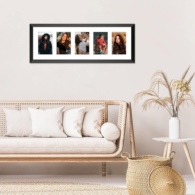 8x24 Collage frame with 5 Openings 4X6 Pictures, Multiple Picture Frame with Mat, Wall or Tabletop Decor, Black Wood Grain (1 Pack)