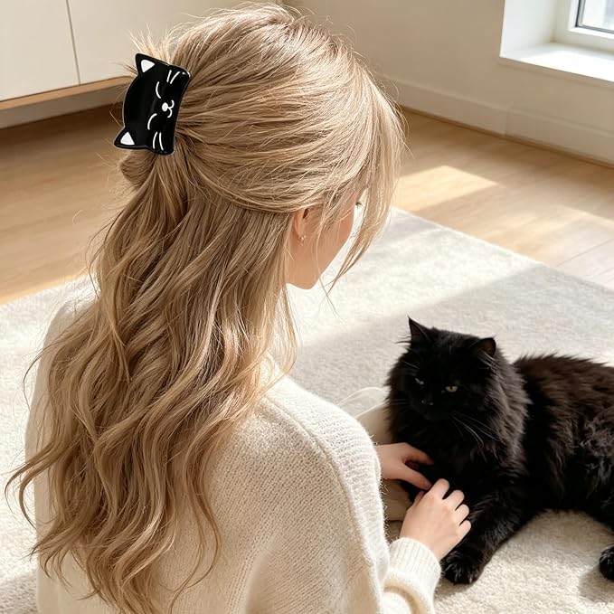 Black Cat Hair Claw Clips Animal Hair Clips Cute Acrylic Kitten Hair Clamp | Kitten Hair Jaw Clips Strong Hold Hair Barrettes Pet Cat Hair Accessories for Women Daily Halloween Holiday Party Styling