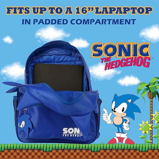 AI ACCESSORY INNOVATIONS Sonic Backpack for Boys & Girls, Bookbag with Adjustable Shoulder Straps & Padded Back,16 Inch Schoolbag with 3D Features, Blue