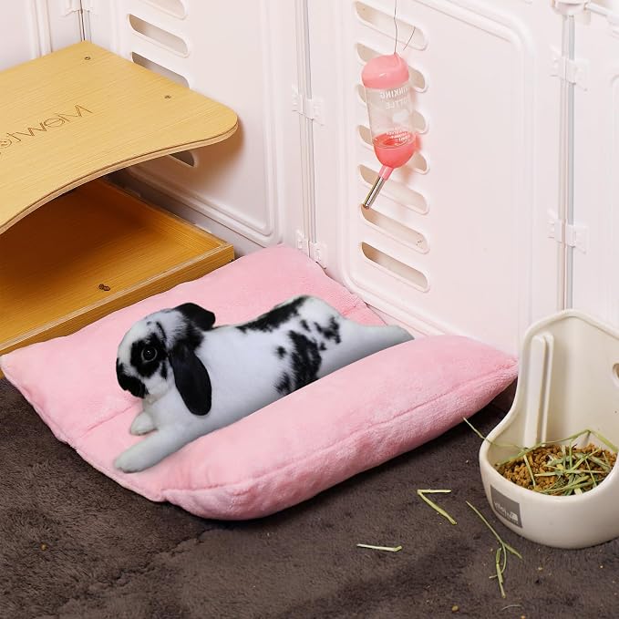 MEWTOGO 14" x 13" Bunny Bed for Rabbit Cage, Thickened & Soft | Prevent Sore Hocks Plush Mat with Cotton Lounger Pillows, Small Animal Flop Mat for Hutch Sleeping Indoor, Pink