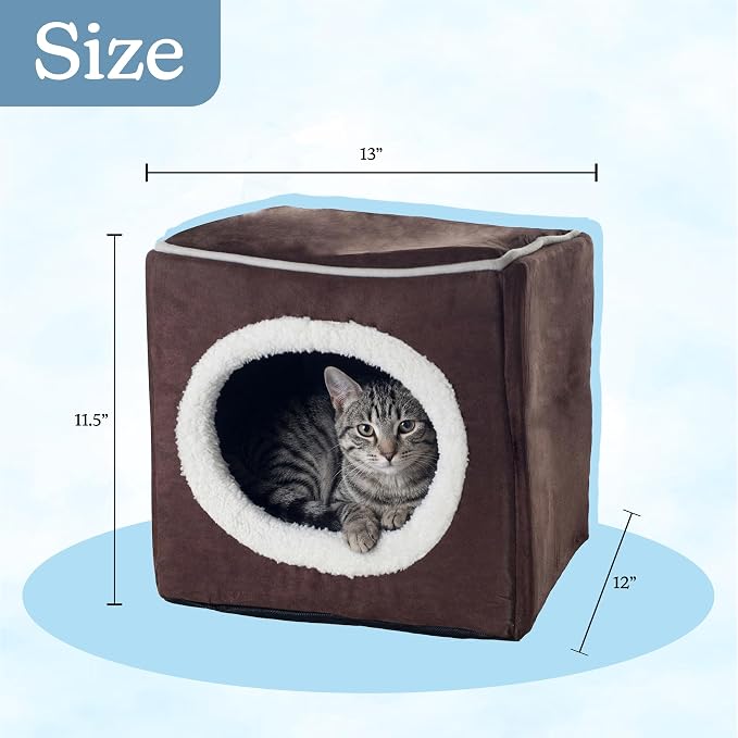 Cat House - Indoor Bed with Removable Foam Cushion - Cat Cave for Puppies, Rabbits, Guinea Pigs, and Other Small Animals by PETMAKER (Dark Brown) 13x13.5x12"