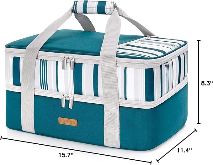 LUNCIA Insulated Double Decker Casserole Carrier, Lasagna Lugger Tote Keeps Food Hot or Cold, Thermal Lunch Bag for Potluck Parties, Picnic and Cookouts, Fits 9" x 13" Baking Dish, Green
