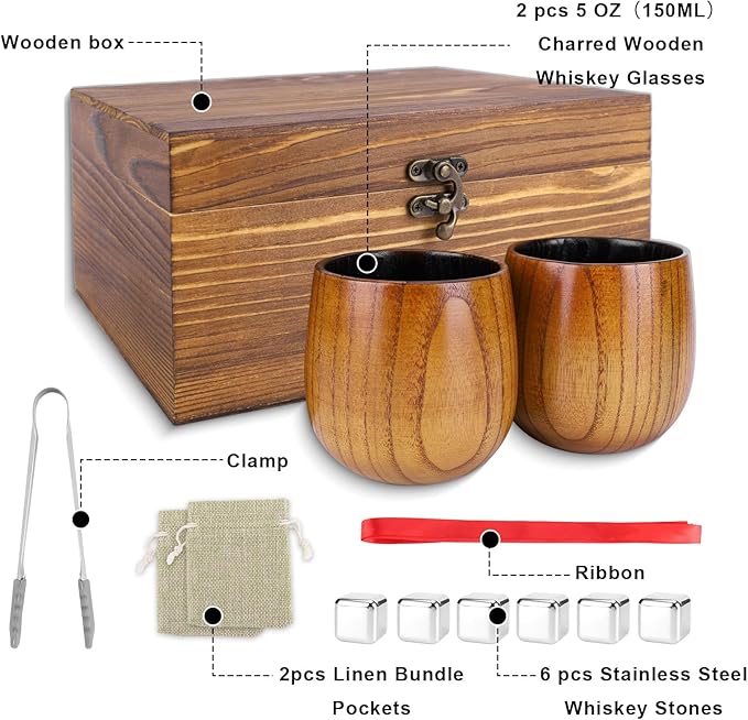 Charred Wooden Bourbon Drinking Glasses Set of 2 – Wooden Whiskey Tumblers & Old Fashioned Glasses | Whisky Glass Sets | Whiskey Gifts for Men, Dad & Birthday, Christmas, Anniversary