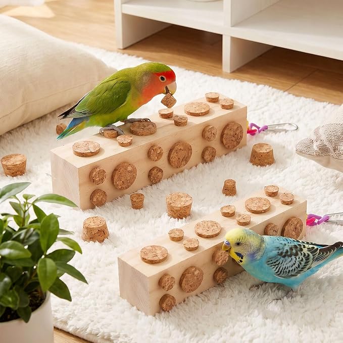 Bird Foraging Toy Parakeet Toys for Budgie, Conure, Cockatiel, Lovebird, and Small to Medium Parrots, 2 Pack Hanging Parrot Toy with 92 Detachable Corks, Natural Wood