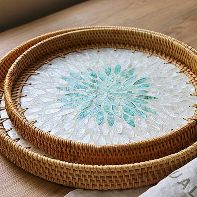 Rattan Serving Tray with Mother of Pearl, Round Coffee Table Tray Decor, Boho Decorative Round Hand-Woven Wicker Home Decor (Summer Green, 12 inch)