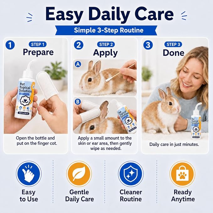 Rabbit Ear & Skin Care Solution with Soft Applicator, 2.03 fl oz | Oat & honey formula with finger wipes and cotton swabs for rabbits, guinea pigs, hamsters & chinchillas