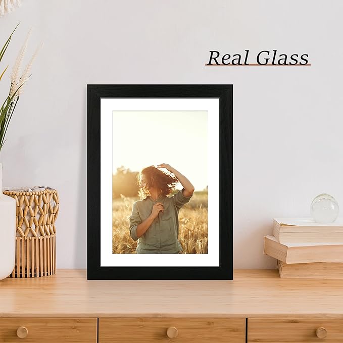 iRahmen 10x14 Picture Frame Set of 4 with Tempered Glass, Black Frame Display 8x12 Picture with Mat or 10 x 14 Without Mat, Rustic Wood Photo Frames for Horizontal or Vertical Wall Mounting