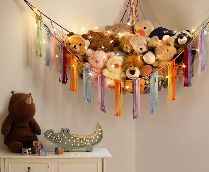 RelaxScene Stuffed Animal Hammock Corner with LED Light - Toy Storage Hammock Plushie Net Large - Cute Stuff Animals Holder Hanging Organizer - Baby Room Rainbow Decor Kids Toddler Nursery Bedroom