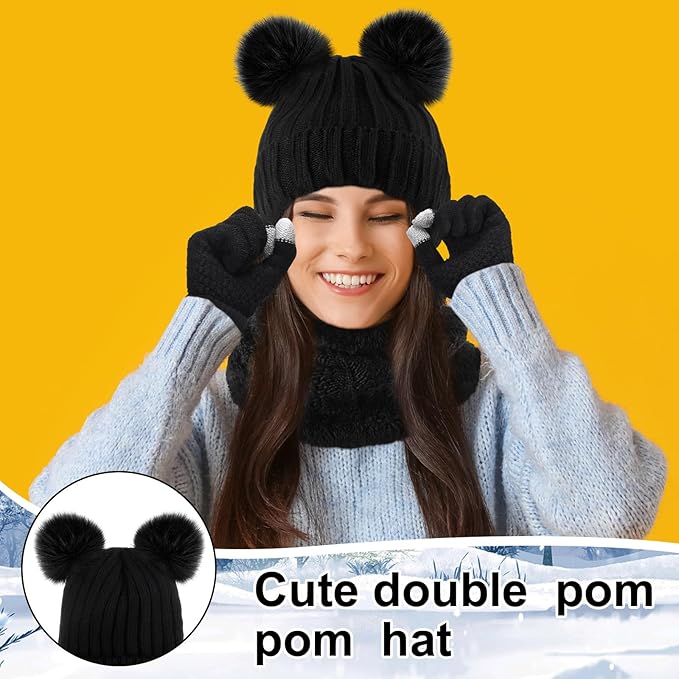 SATINIOR 5 Pcs Winter Hat Scarf Gloves Set Fleece Warm Lined Knit Beanie Hat Touch Screen Earmuff Gloves Warmer for Women(Black,Cute Style)