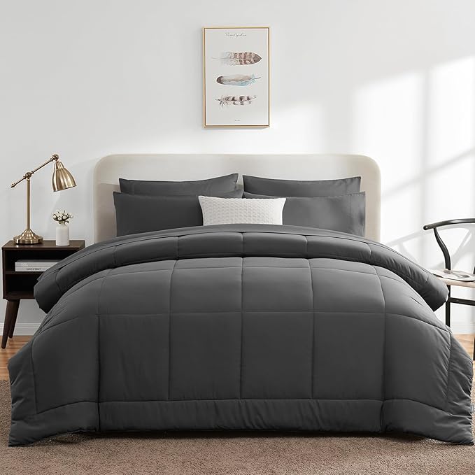 CozyLux Oversized King Comforter Sets Dark Grey, 7 Pieces Bed in a Bag, Ultra-Soft All Season Bedding Sets with Stitch Quilted Comforter, Flat Sheet, Fitted Sheet, Pillowcases, Dark Gray