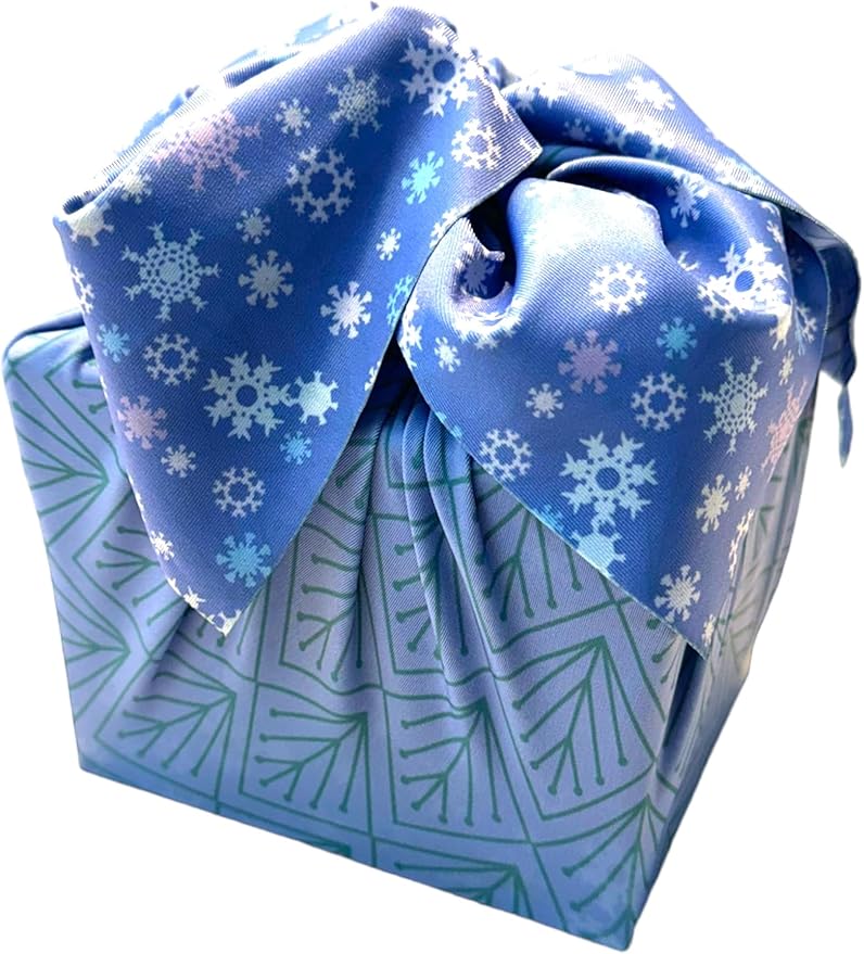 SHIKIWRAP Reusable Cloth Gift Wrap – Set of 3, Snowflakes/Pine & Deep Blue Eco-Friendly, Reversible, Stretchy Furoshiki Fabric Wrap for Birthday Gifts, Holidays, Special Occasions & Sustainable Living