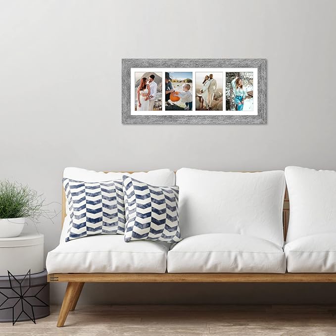8x21 Picture Frame Display 4 opening 5x7 Collage Picture Frame,Multi Photo Frame with Mat,Plexiglass,Horizontal and Vertical Formats for Wall Decor,Grey Wood Grain
