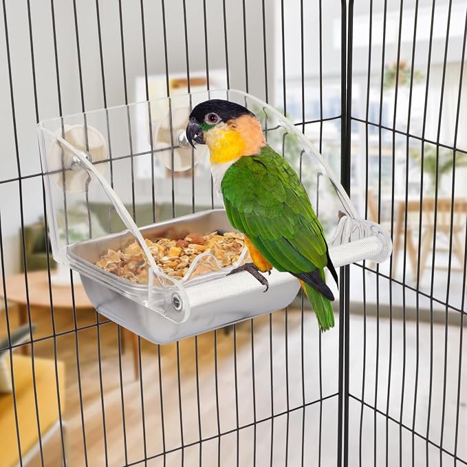 Hypeety Transparent No Mess Bird Feeder for Cage with Anti-Slip Perch | Clear acrylic cage feeder, stainless steel food bowl, easy to install, fits most cages, for parrots/cockatiels/conures/quaker