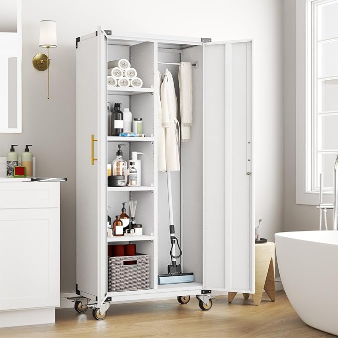 71" Broom Storage Cabinet, Cleaning Tool Storage Cabinet, Garage Utility Storage with Hooks and Hanging Rods, Heavy Duty Garden Tool Organizer, for Home, Garage, Laundry Room, Gym, Workshop
