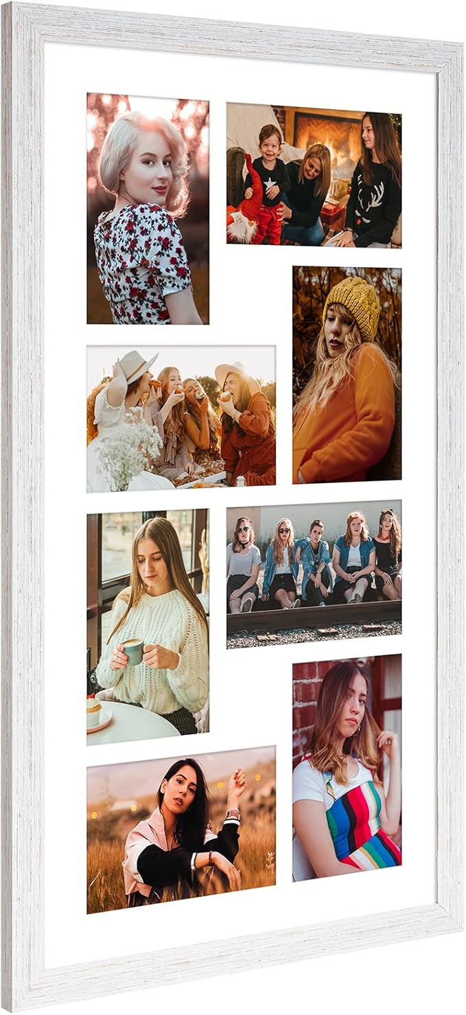11.8x21.8 Collage frame with 8 Openings 4X6 Pictures, Multiple Picture Frame with Mat, Wall or Tabletop Decor, White Wood Grain,2 Pack