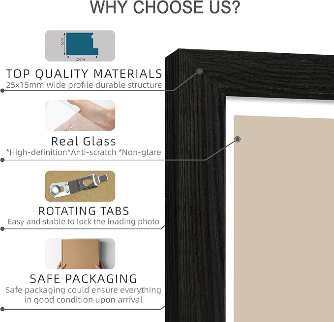 11x14 Picture Frame Set of 4, Made of Real Glass and Rustic Black Wooden Frame, Display 8x10 Pictures with Mat or 11 x 14 Posters without Mat for Wall Mounting, Gallery Photo Frames