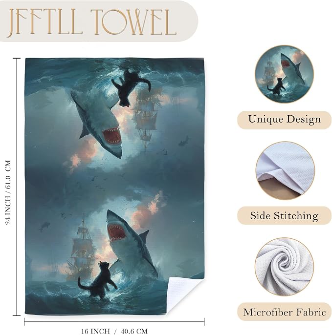 Funny Coastal Beach Cat Shark Kitchen Towels, Funny Cat Mom Lovers Gifts Dish Tea Towels for Kitchen Decor, Ocean Black Kitty Shark Decorative Hand Towel for Bathroom Decor, 16x24 Inch